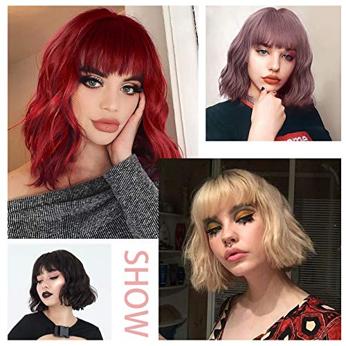 MISSQUEEN Short Curly Bob Wig With Bangs Wavy Synthetic Cosplay Bob Wig loose...