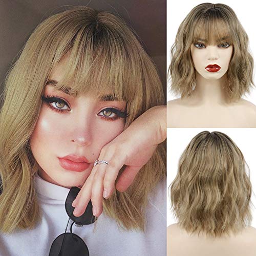 MISSQUEEN Short Curly Bob Wig With Bangs Wavy Synthetic Cosplay Bob Wig loose...