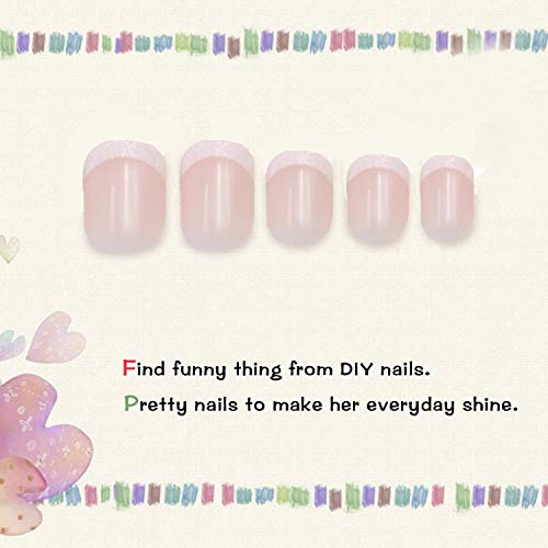 MISUD French Fake Nails 24pcs Classic Natural Pre-Glued Short Square Shape wi...