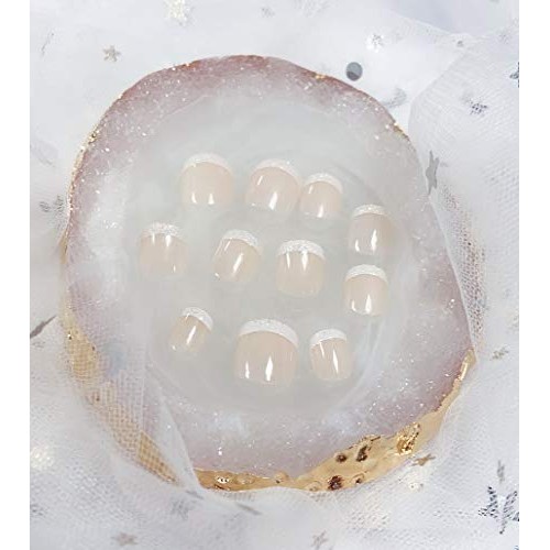 MISUD French Fake Nails 24pcs Classic Natural Pre-Glued Short Square Shape wi...