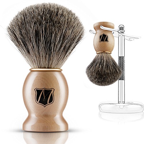 Miusco Natural Badger Hair Wet Shaving Brush and Shaving Stand Set, Chrome, S...