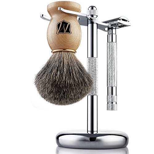 Miusco Natural Badger Hair Wet Shaving Brush and Shaving Stand Set, Chrome, S...