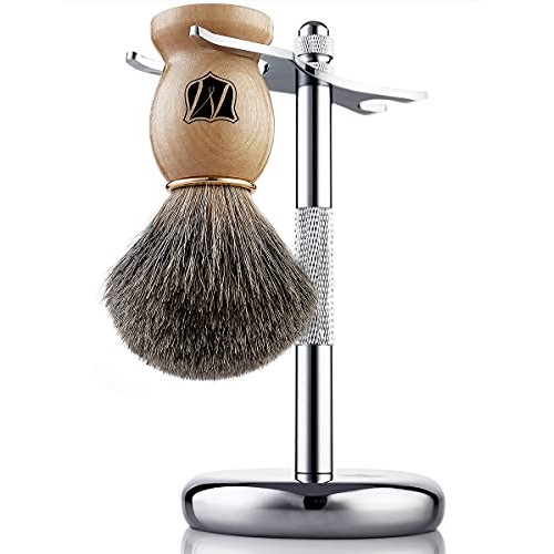 Miusco Natural Badger Hair Wet Shaving Brush and Shaving Stand Set, Chrome, S...