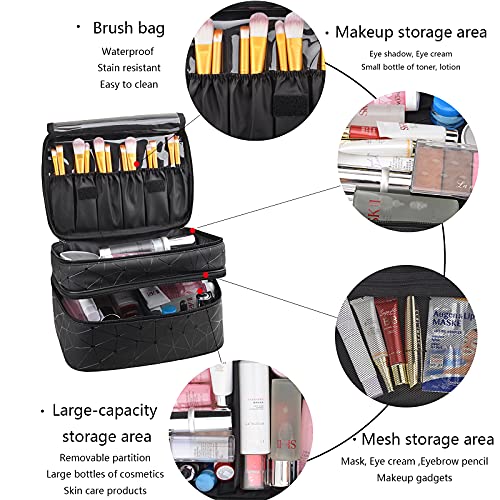 MKPCW makeup bag Double-layer cosmetic bag with brush bag and divider (Black)