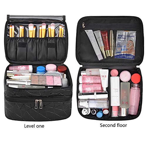 MKPCW makeup bag Double-layer cosmetic bag with brush bag and divider (Black)