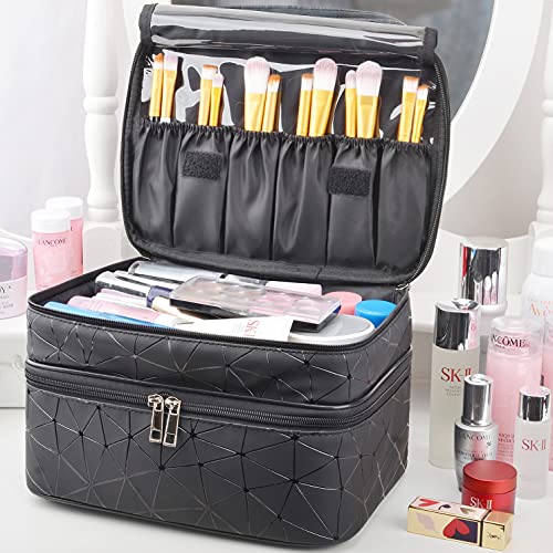 MKPCW makeup bag Double-layer cosmetic bag with brush bag and divider (Black)