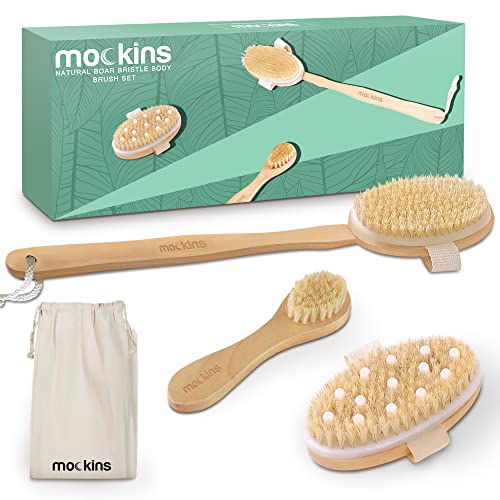Mockins Natural Boar Body Brush Set with Detachable Cellulite Brush , Long Wo...