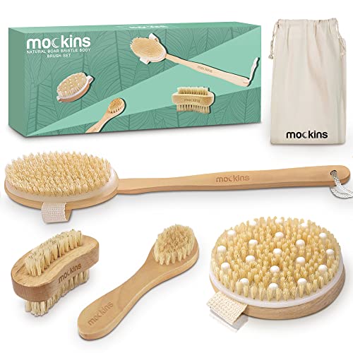 Mockins Natural Boar Bristle Body Brush Set with Detachable Cellulite Massage...