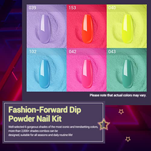 Modelones 6 Colors Dip Powder Nail Kit Starter, 12Pcs Neon Acrylic Dipping Po...