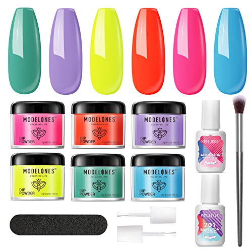 Modelones 6 Colors Dip Powder Nail Kit Starter, 12Pcs Neon Acrylic Dipping Po...