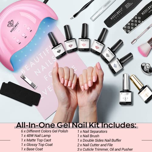 Modelones Gel Nail Polish Kit With 48W U V Light LED Nail Lamp, 6 Colors Nude...