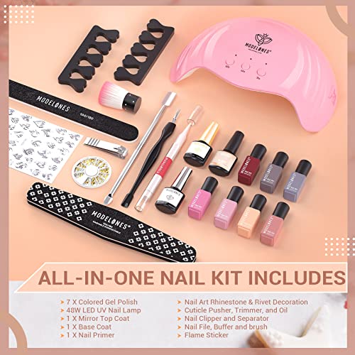 Modelones Gel Nail Polish Kit with U V Light 48W Nail Dryer 7 Nude Colors Gel...