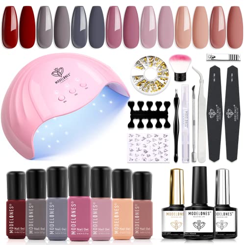 Modelones Gel Nail Polish Kit with U V Light 48W Nail Dryer 7 Nude Colors Gel...
