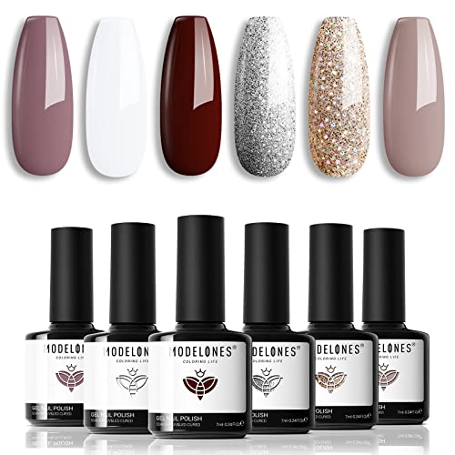 Modelones Gel Nail Polish Set, 6 Colors Burgundy Red Brown Gel Polish Set Cha...