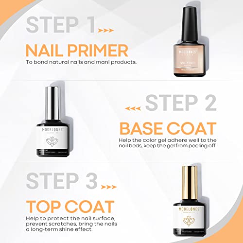 Modelones Gel Top Coat and Base Coat With Nail Primer, 3Pcs No Wipe Base and ...