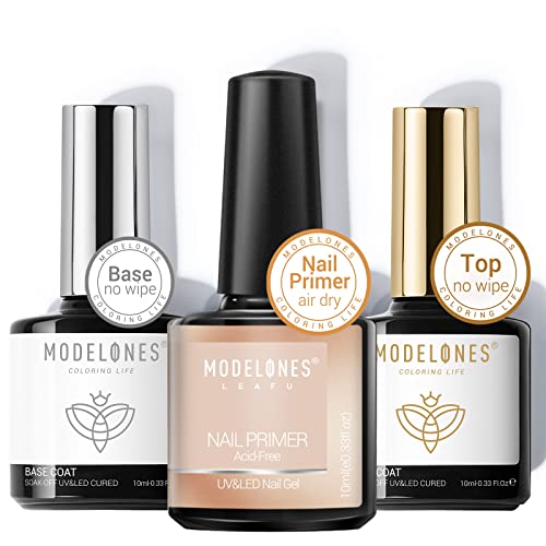 Modelones Gel Top Coat and Base Coat With Nail Primer, 3Pcs No Wipe Base and ...