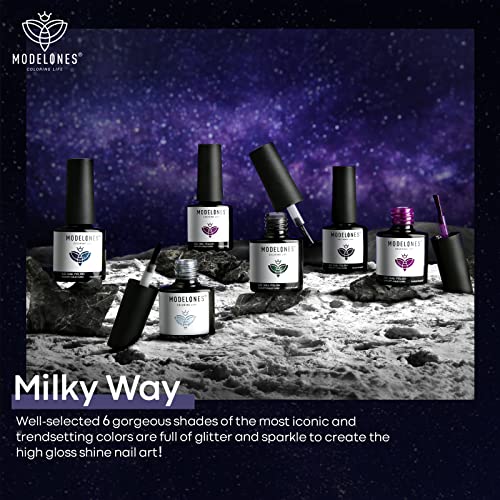 Modelones Glitter Gel Nail Polish Set, 6 Colors Milky Way Collection, Black C...