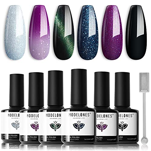 Modelones Glitter Gel Nail Polish Set, 6 Colors Milky Way Collection, Black C...