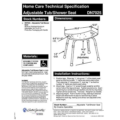 Moen DN7025 Home Care Bath Safety Non-Slip Adjustable Tub and Shower Chair, W...