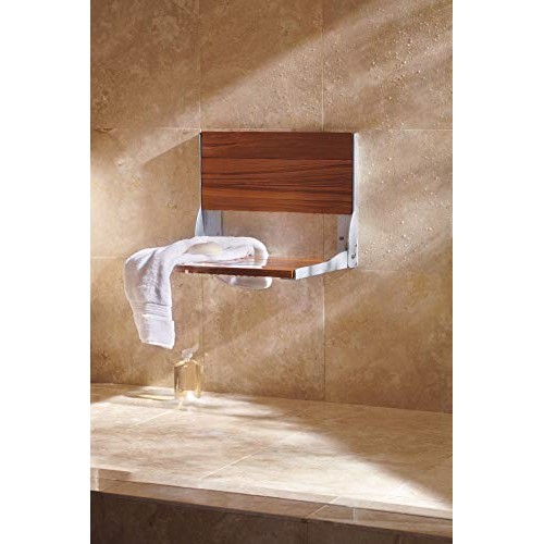 Moen DN7110 Home Care Wall Mounted Teak Wood Aluminum Folding Shower Seat, Ch...