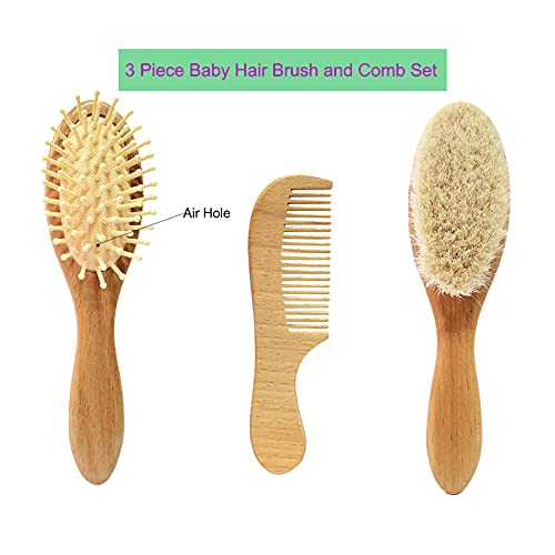 Molylove 3 Piece Baby Hair Brush and Comb Set for Newborn - Natural Wooden Ha...