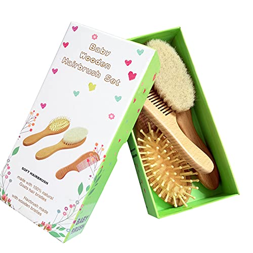 Molylove 3 Piece Baby Hair Brush and Comb Set for Newborn - Natural Wooden Ha...
