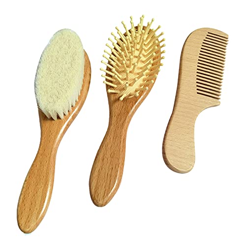 Molylove 3 Piece Baby Hair Brush and Comb Set for Newborn - Natural Wooden Ha...