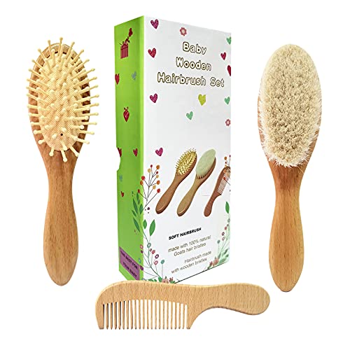 Molylove 3 Piece Baby Hair Brush and Comb Set for Newborn - Natural Wooden Ha...