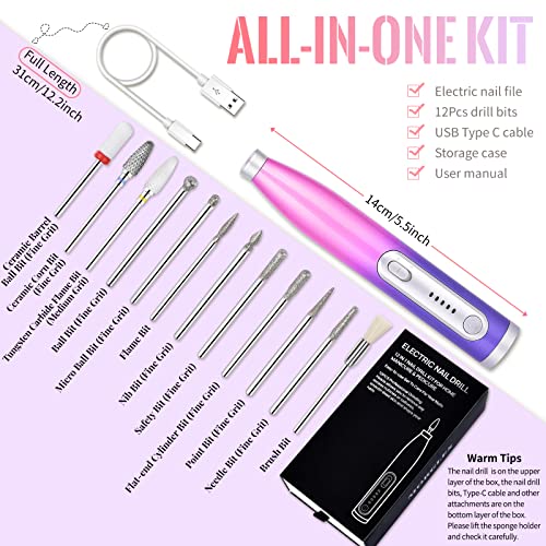 Electric Nail Drill,Morgles Cordless Nail Drill Rechargeable Electric Nail Fi...