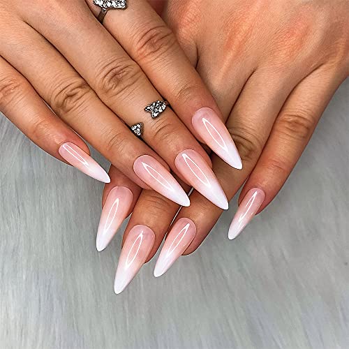 Morily 24pcs Fake Nails White Pink French Ombre Medium Long Stiletto Almond P...