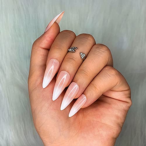 Morily 24pcs Fake Nails White Pink French Ombre Medium Long Stiletto Almond P...