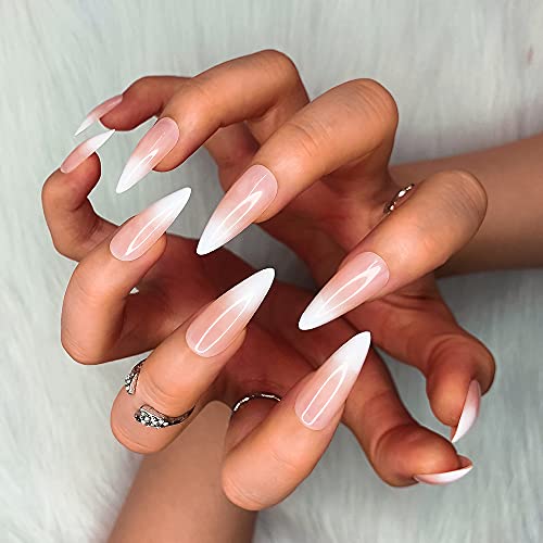Morily 24pcs Fake Nails White Pink French Ombre Medium Long Stiletto Almond P...