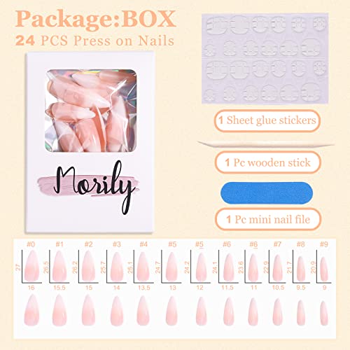 Morily 24pcs Fake Nails White Pink French Ombre Medium Long Stiletto Almond P...