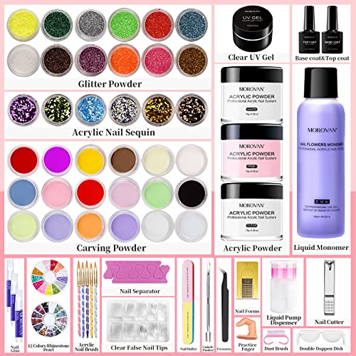 Morovan Acrylic Nail Kit Liquid Monomer Set - Glitter Powder and Carving Powd...