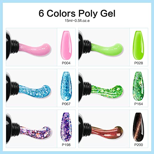 Morovan Cat Eye Poly Nail Gel Kits- 6 Colors Glitter Poly Extension Gel Nail ...
