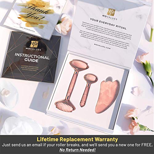 Rose Quartz Roller with Gua Sha, Mini Eye Roller set - Jade Roller for Face -...
