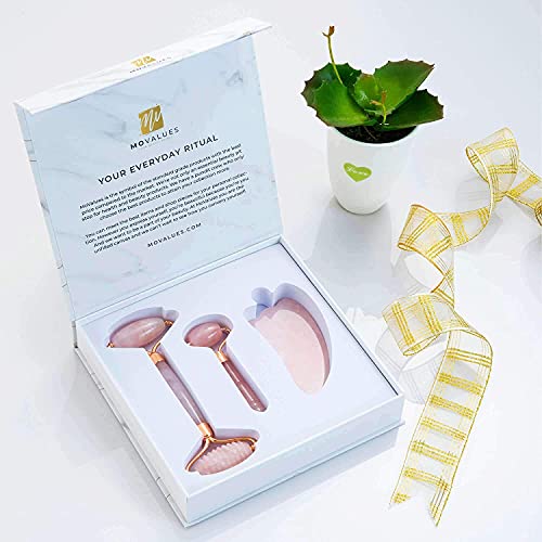 Rose Quartz Roller with Gua Sha, Mini Eye Roller set - Jade Roller for Face -...