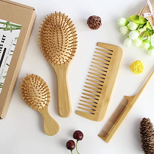 Hair Brush and Comb-4 Piece Set, Natural Bamboo Wood Paddle Detangling Hairbr...