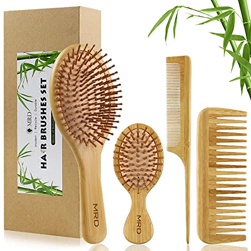 Hair Brush and Comb-4 Piece Set, Natural Bamboo Wood Paddle Detangling Hairbr...