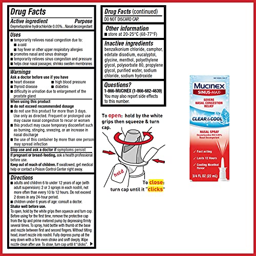 Mucinex Sinus-Max Nasal Spray Clear & Cool, 0.75 oz Packaging May Vary (Pack ...