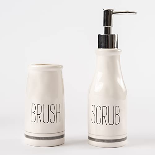 Mud Pie Bistro Scrub Soap Dispenser and Toothbrush Holder Set, White