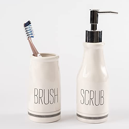 Mud Pie Bistro Scrub Soap Dispenser and Toothbrush Holder Set, White