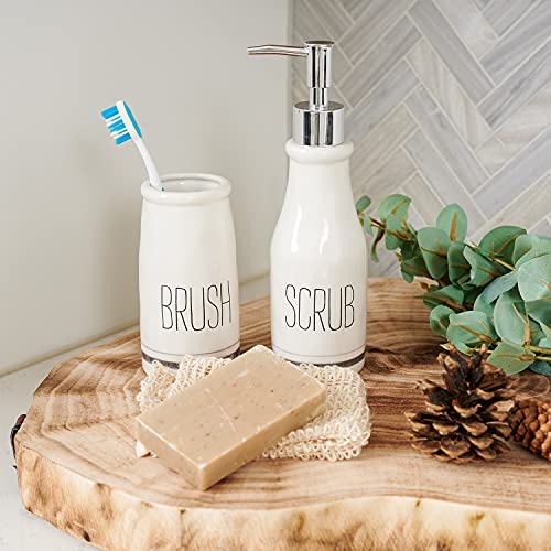 Mud Pie Bistro Scrub Soap Dispenser and Toothbrush Holder Set, White