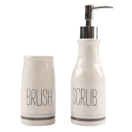 Mud Pie Bistro Scrub Soap Dispenser and Toothbrush Holder Set, White