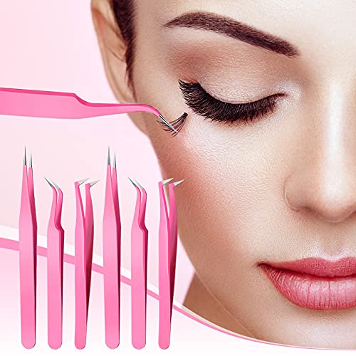 6 Pieces Eyelash Extension Tweezers, Stainless Steel Straight Tip Tweezers Cu...