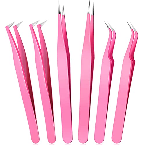 6 Pieces Eyelash Extension Tweezers, Stainless Steel Straight Tip Tweezers Cu...