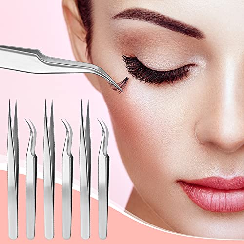 6 Pieces Eyelash Extension Tweezers, Straight and Curved Tip Stainless Steel ...