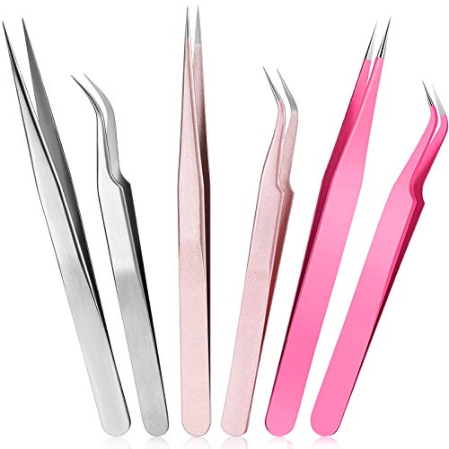 6 Pieces Eyelash Extension Tweezers, Straight and Curved Tip Stainless Steel ...