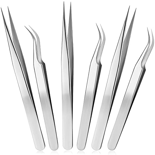 6 Pieces Eyelash Extension Tweezers, Straight and Curved Tip Stainless Steel ...
