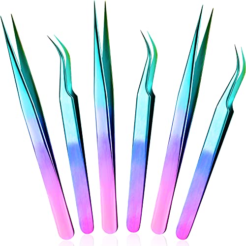 6 Pieces Eyelash Extension Tweezers, Straight and Curved Tip Stainless Steel ...